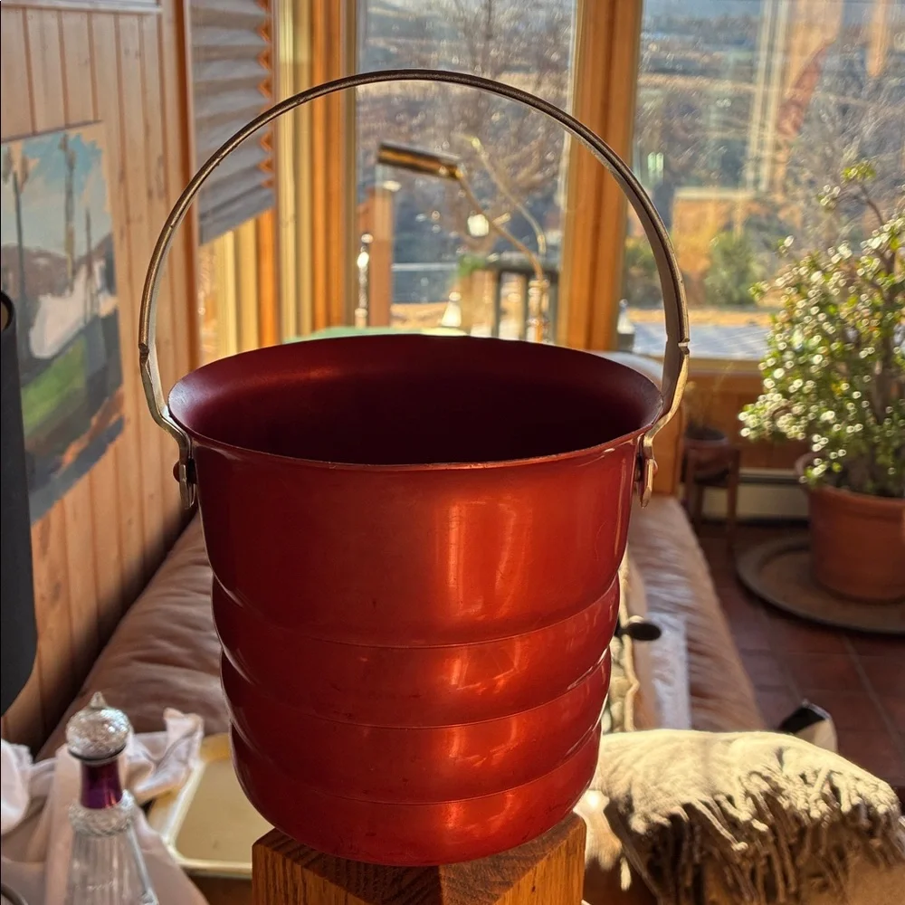 Kromex Red Metal Ice Bucket with Handle Enduringly Beautiful W/ Silver Handle